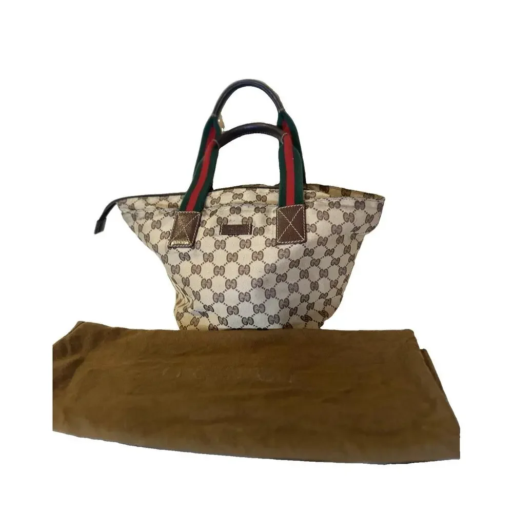 Vintage Gucci Tote Bag Womens Small Brown Canvas GG Monogram Web Stripe Italy